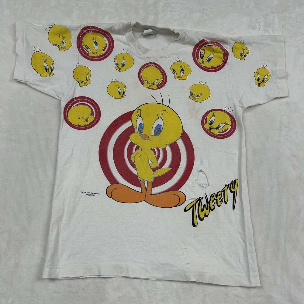 Looney Tunes Tweety Bird T-Shirt Unisex S White 1996 All Over Print SingleStitch